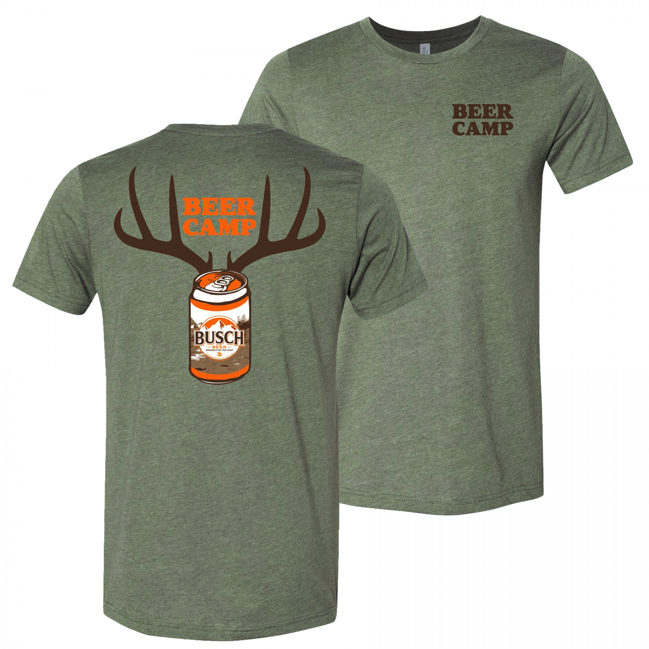 Busch Beer Hunting Beer Camp Front and Back Print Green T-Shirt
